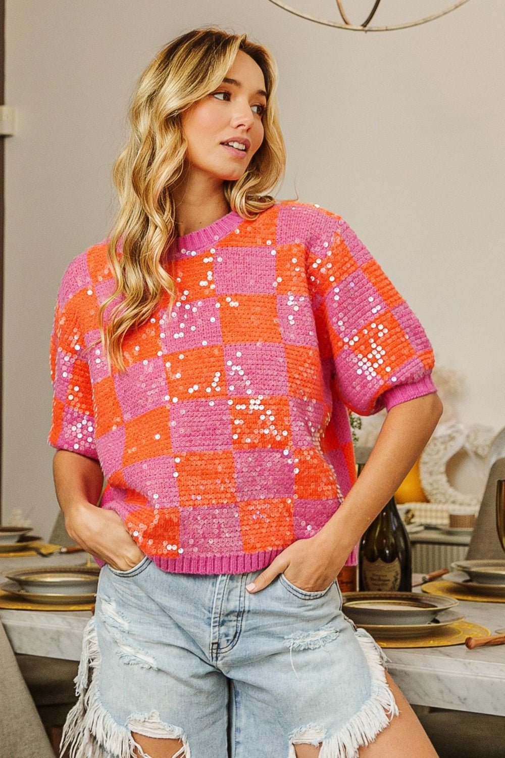 BiBi Checkered Short Sleeve Sequin Sweater - Admiresty