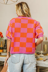 BiBi Checkered Short Sleeve Sequin Sweater - Admiresty