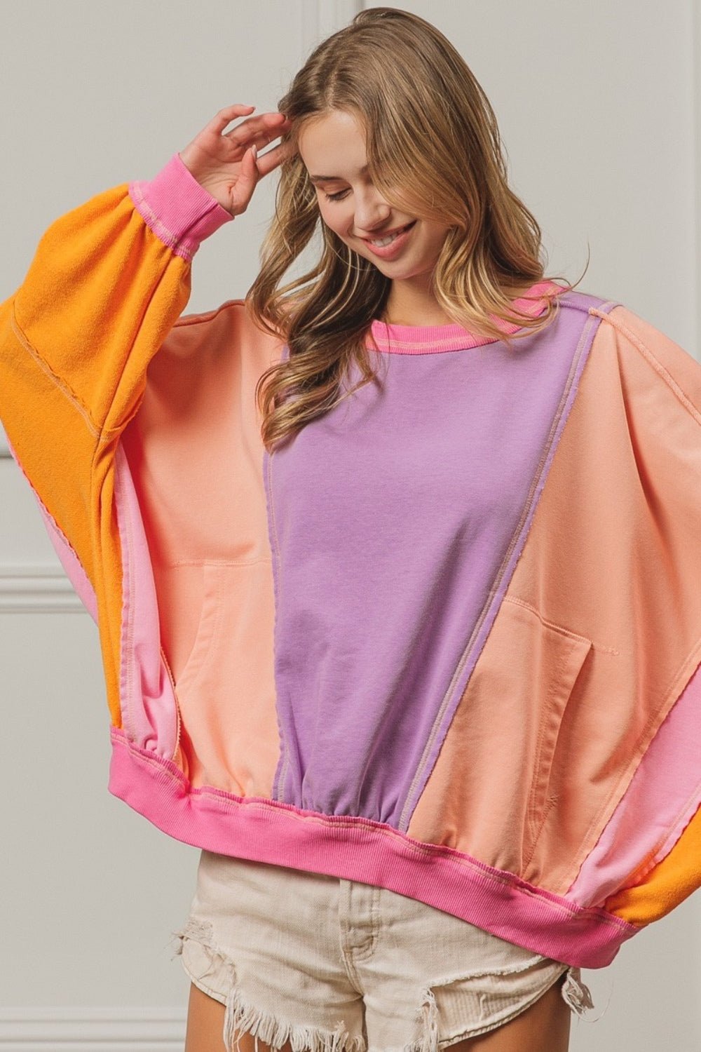 BiBi Color Block Exposed Seam Sweatshirt with Pockets - Admiresty