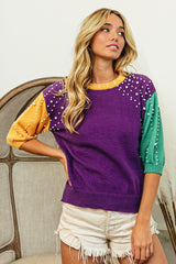 BiBi Color Block Pearl Detail Round Neck Sweater - Admiresty