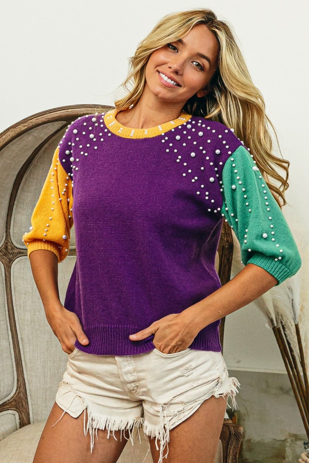 BiBi Color Block Pearl Detail Round Neck Sweater - Admiresty