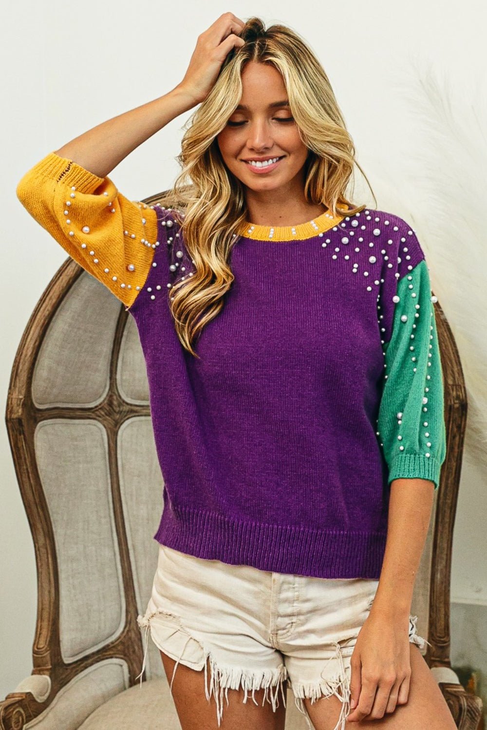 BiBi Color Block Pearl Detail Round Neck Sweater - Admiresty