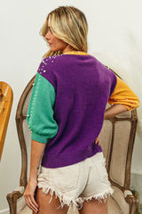 BiBi Color Block Pearl Detail Round Neck Sweater - Admiresty