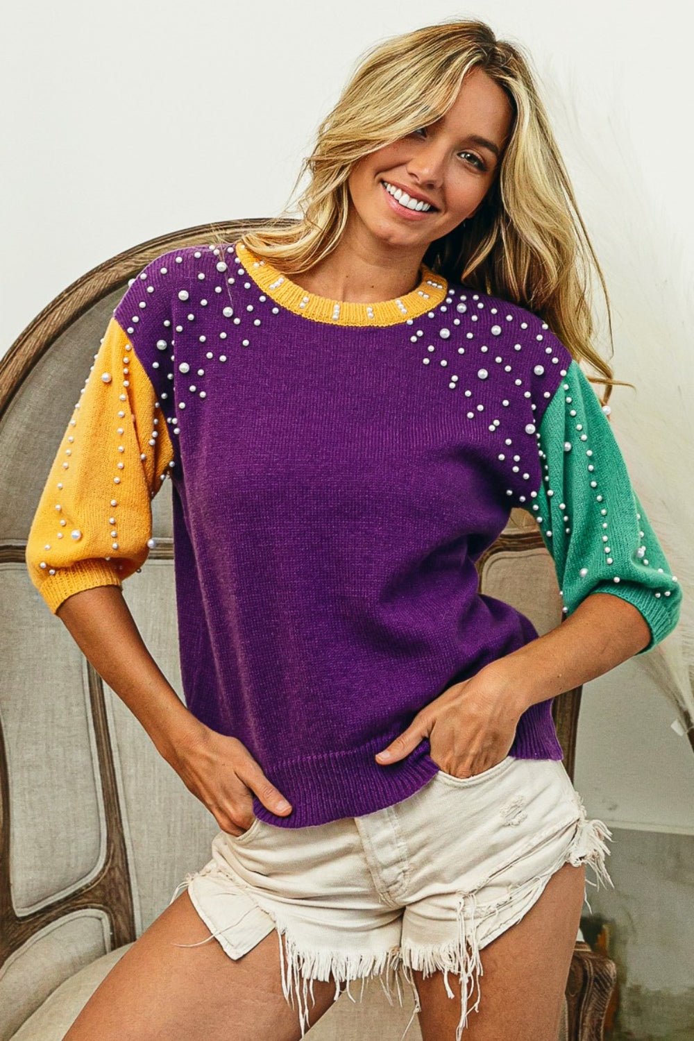 BiBi Color Block Pearl Detail Round Neck Sweater - Admiresty