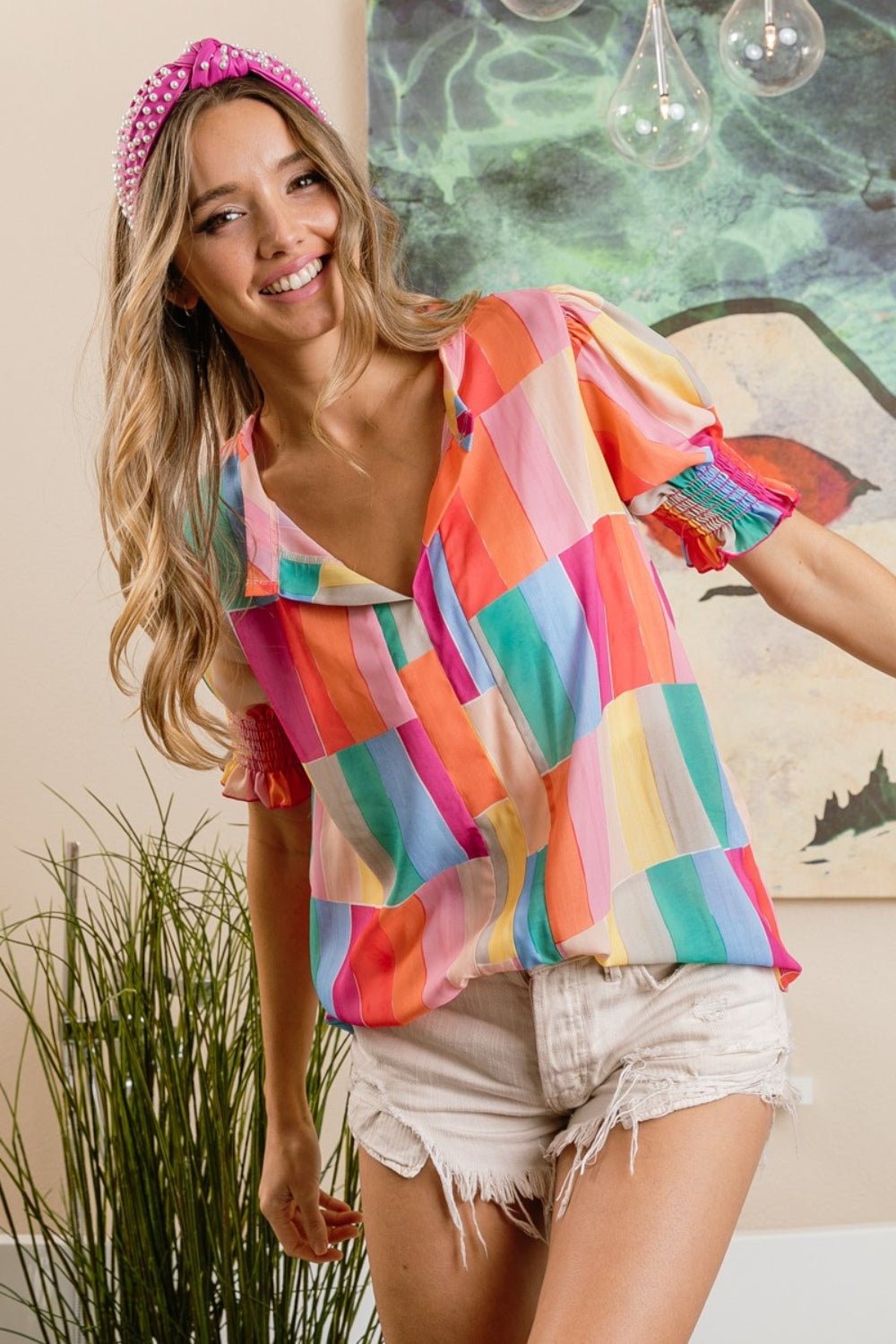 BiBi Color Block Smocked Short Sleeve Blouse - Admiresty