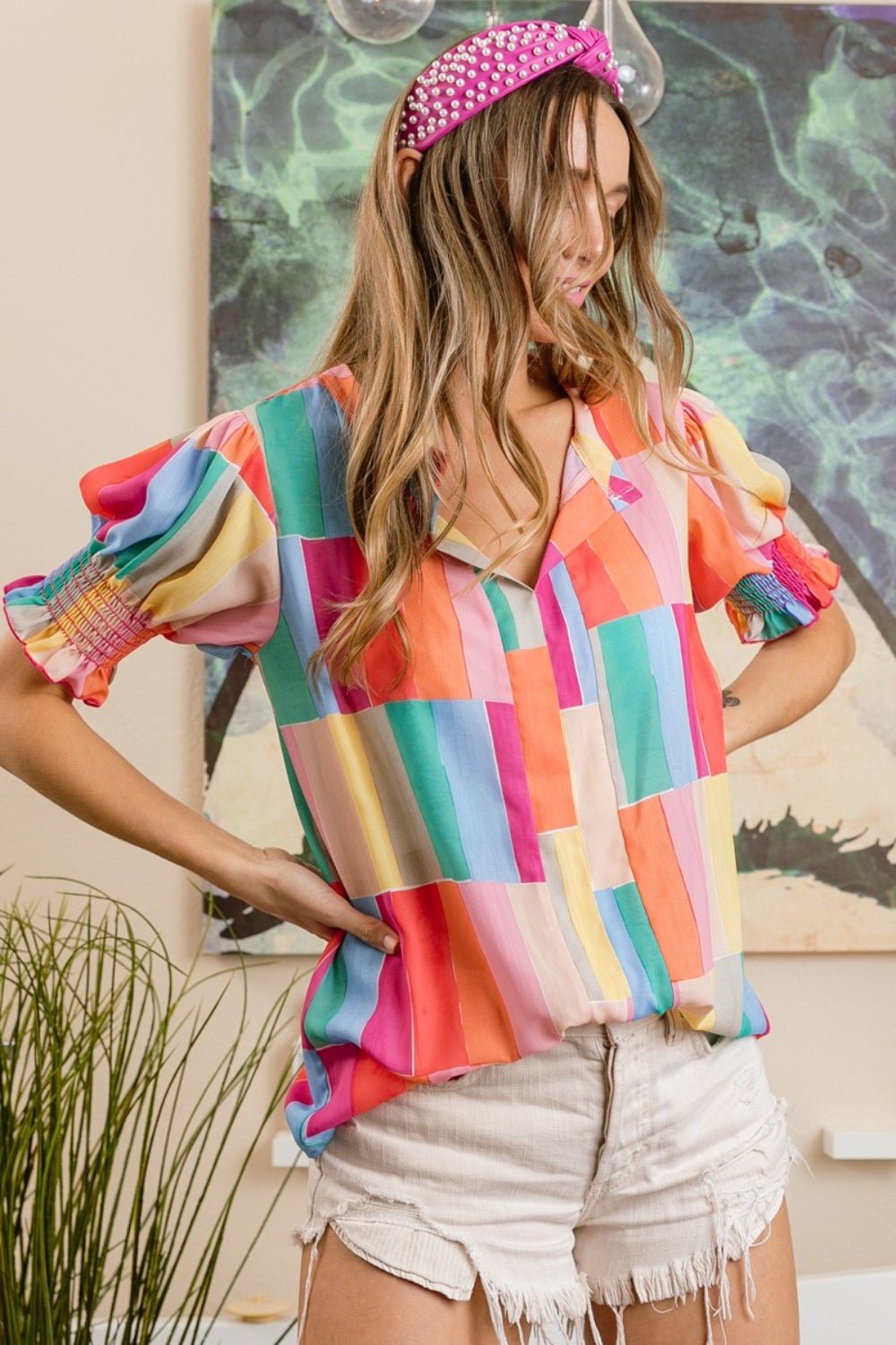 BiBi Color Block Smocked Short Sleeve Blouse - Admiresty