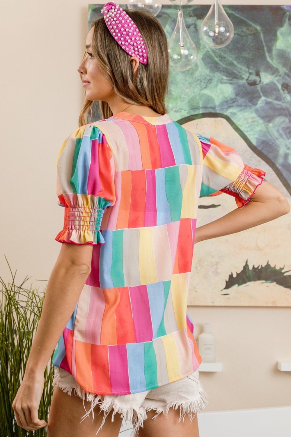 BiBi Color Block Smocked Short Sleeve Blouse - Admiresty