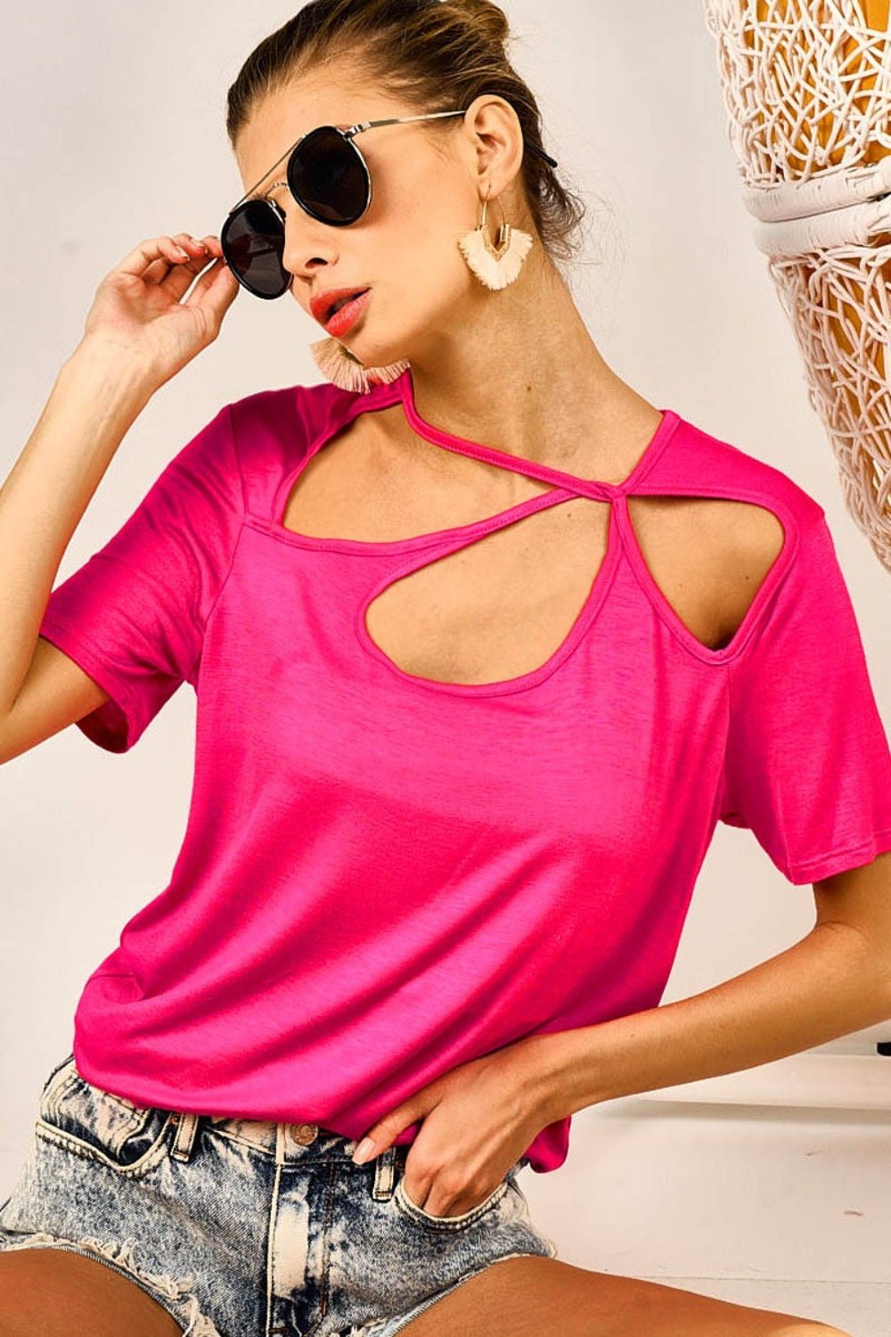 BiBi Cutout Asymmetrical Neck Short Sleeve T - Shirt - Admiresty