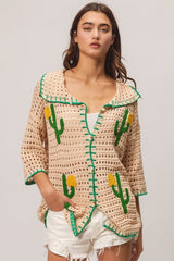 BiBi Edge Stitched Cactus Patch Sweater Cardigan - Admiresty