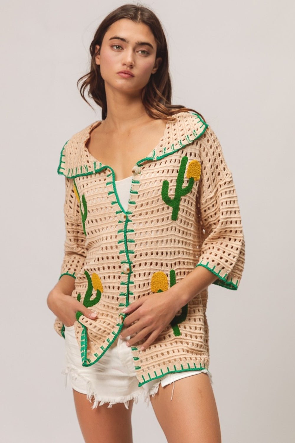 BiBi Edge Stitched Cactus Patch Sweater Cardigan - Admiresty