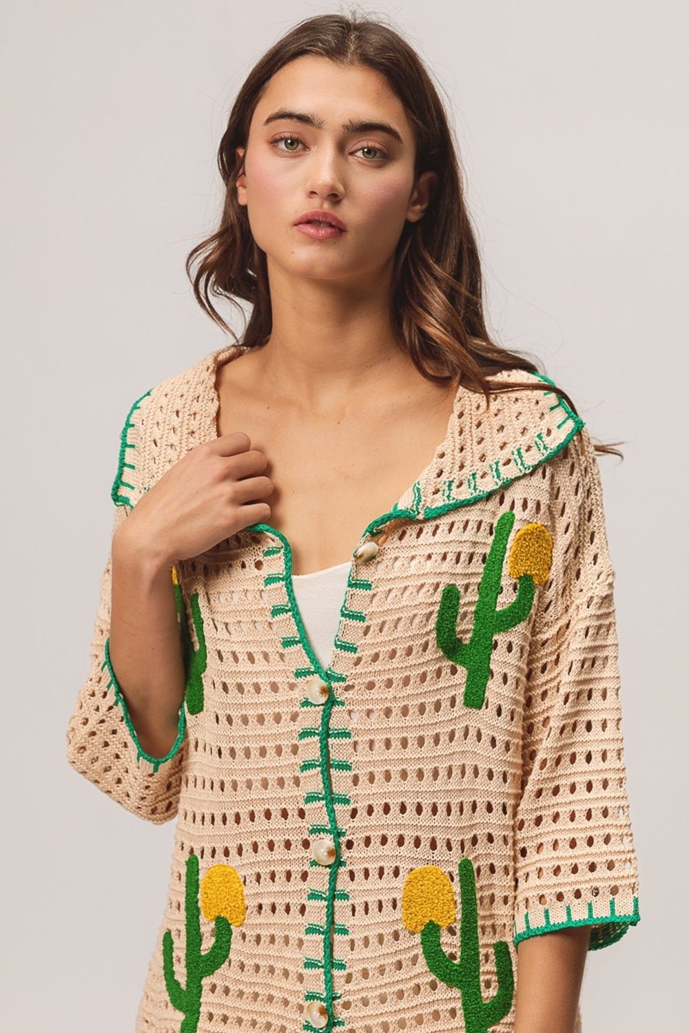 BiBi Edge Stitched Cactus Patch Sweater Cardigan - Admiresty