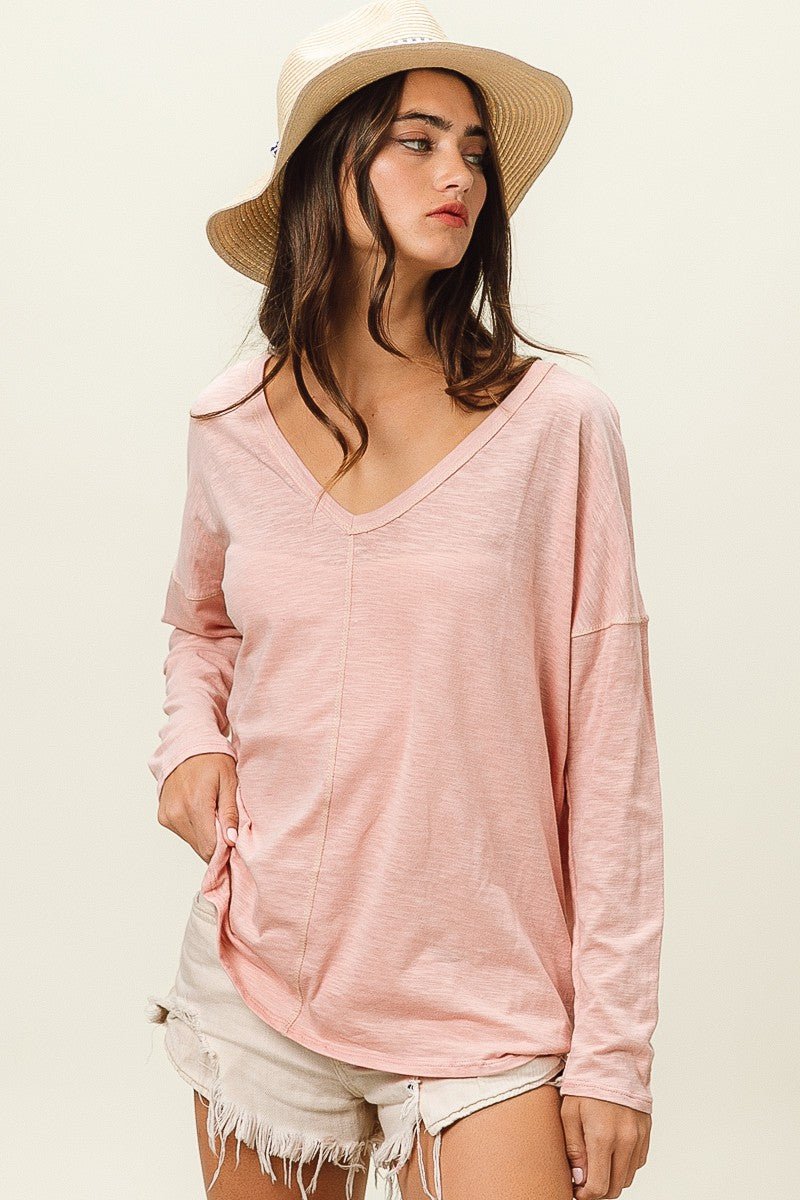 BiBi Exposed Seam V - Neck Long Sleeve T - Shirt - Admiresty