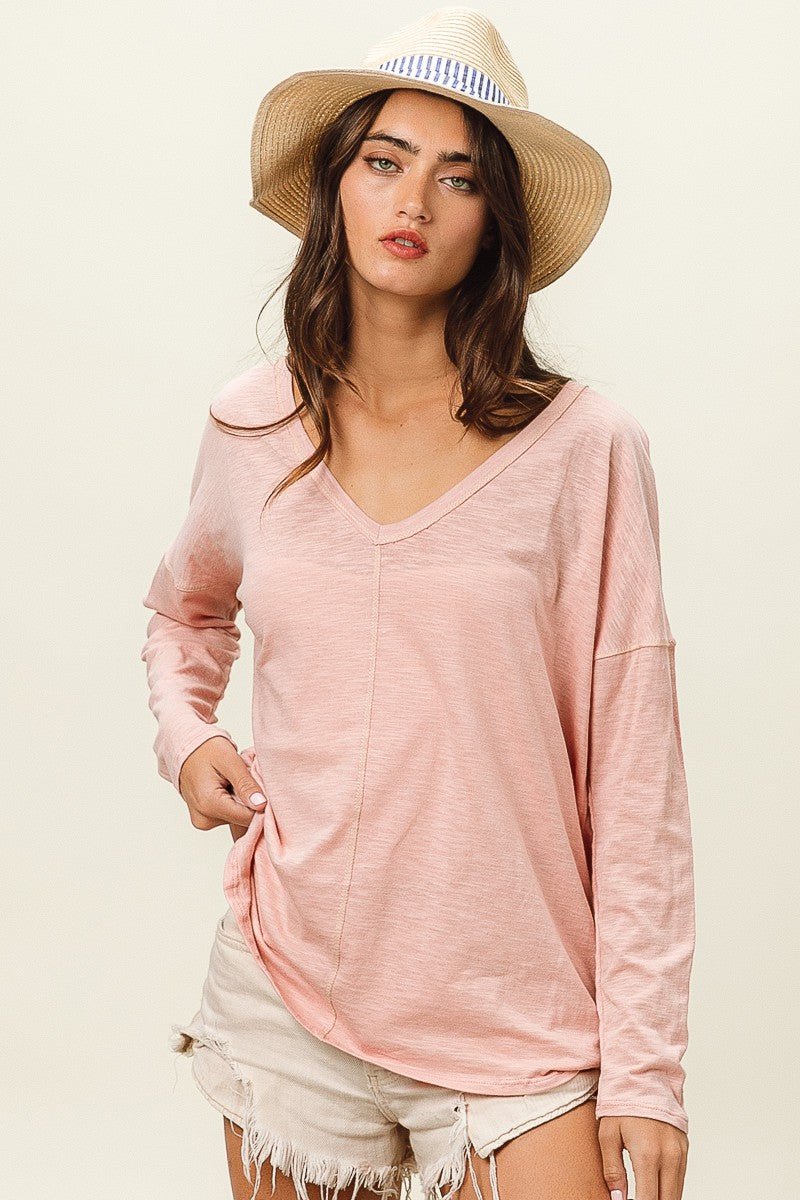 BiBi Exposed Seam V - Neck Long Sleeve T - Shirt - Admiresty