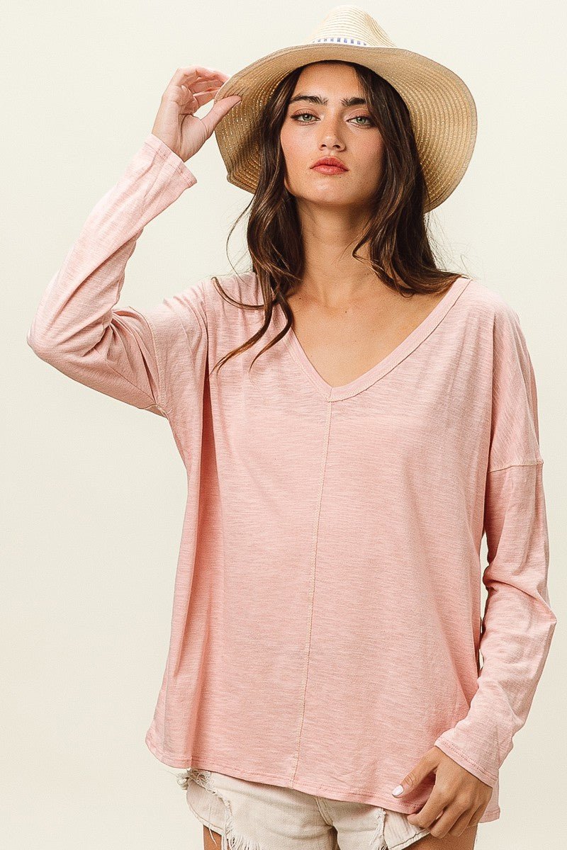 BiBi Exposed Seam V - Neck Long Sleeve T - Shirt - Admiresty