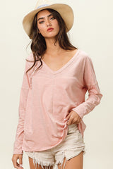 BiBi Exposed Seam V - Neck Long Sleeve T - Shirt - Admiresty