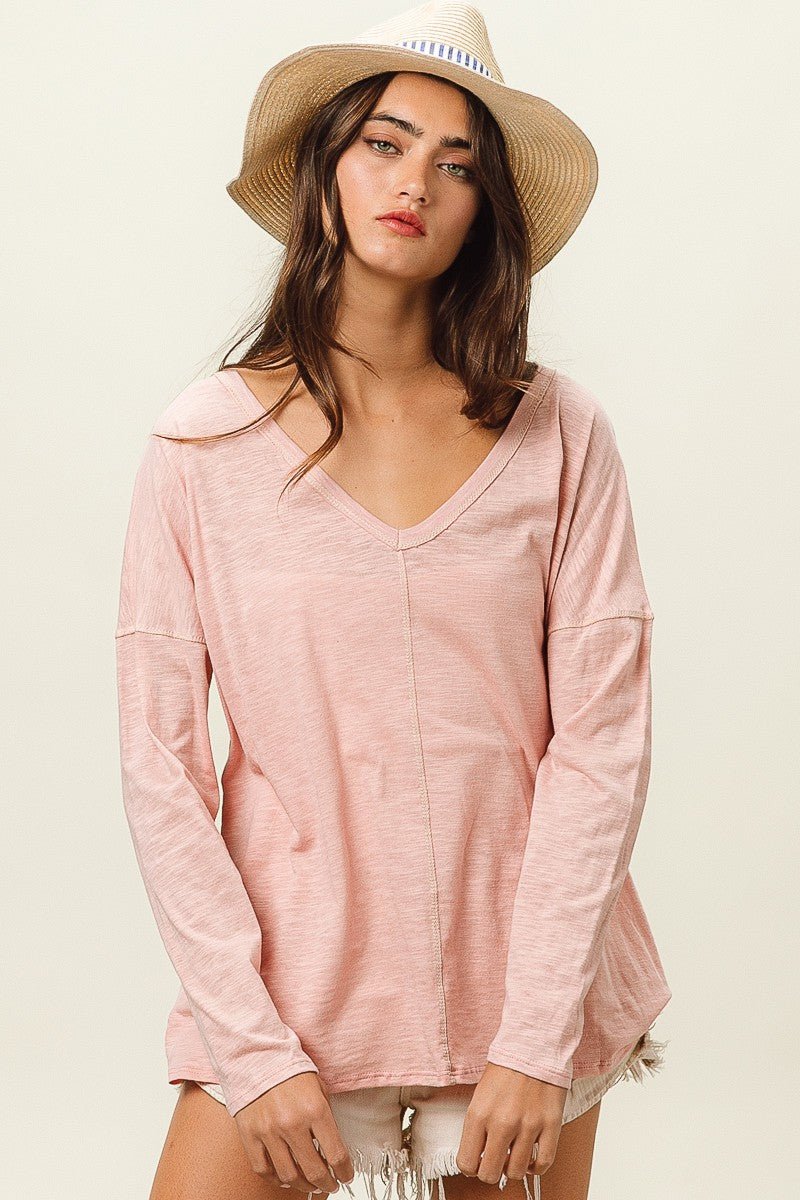 BiBi Exposed Seam V - Neck Long Sleeve T - Shirt - Admiresty