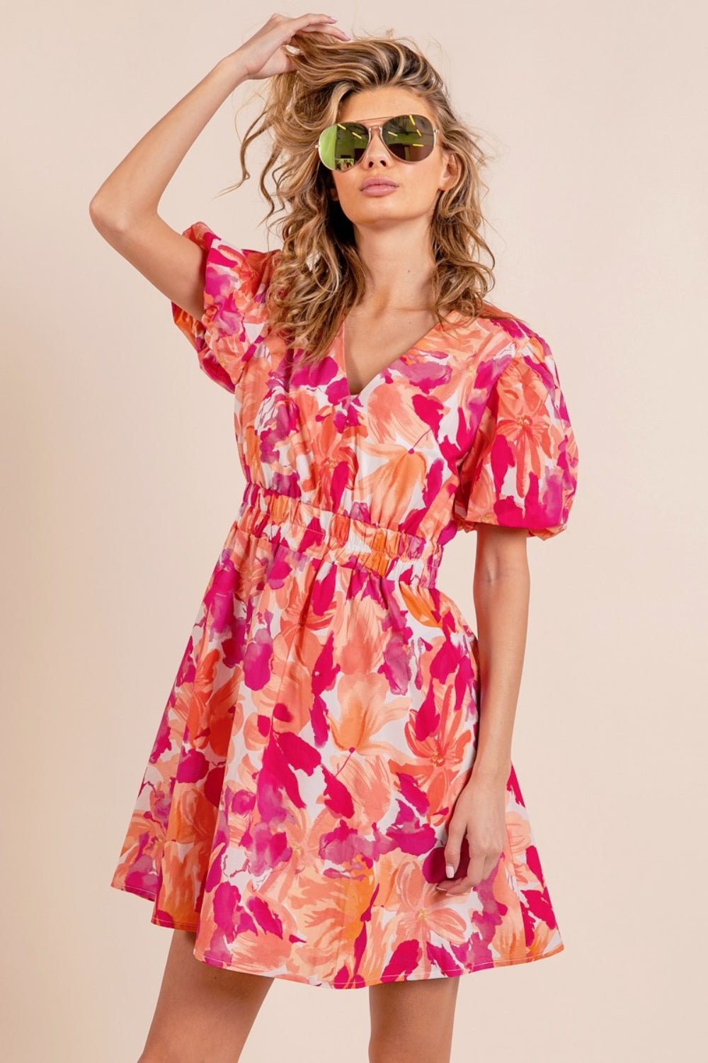 BiBi Floral V - Neck Puff Sleeve Mini Dress - Admiresty