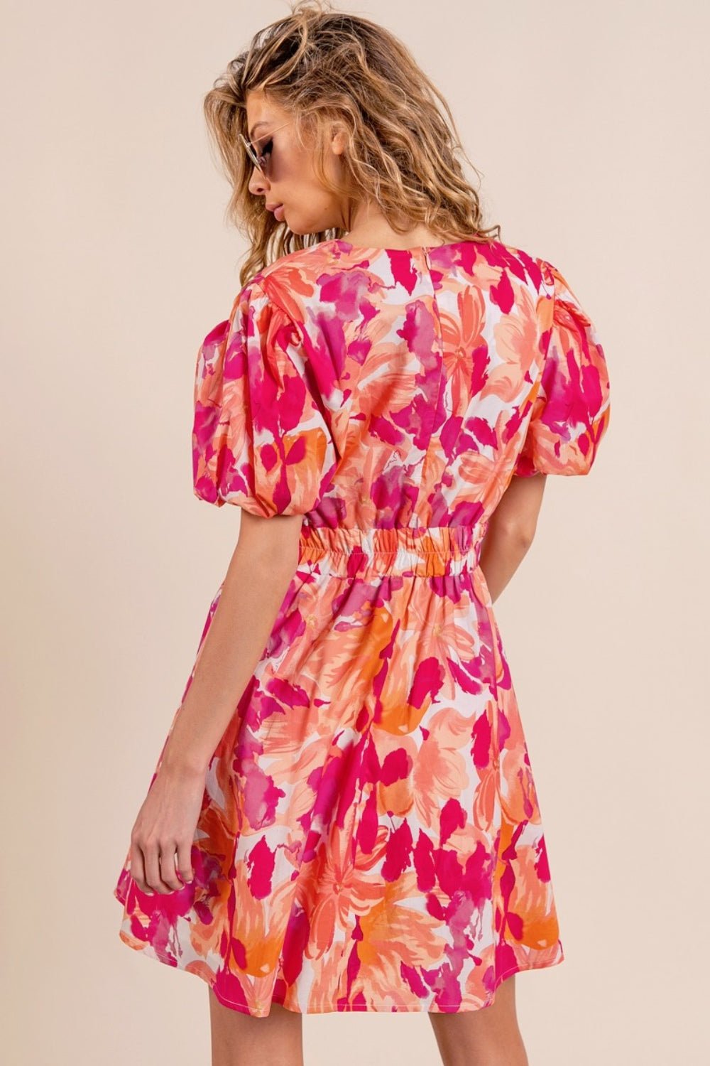 BiBi Floral V - Neck Puff Sleeve Mini Dress - Admiresty