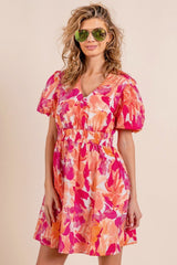 BiBi Floral V - Neck Puff Sleeve Mini Dress - Admiresty