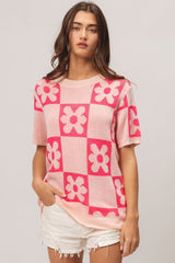 BiBi Flower Checker Pattern Short Sleeve Sweater - Admiresty