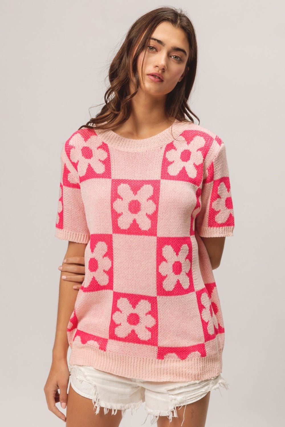 BiBi Flower Checker Pattern Short Sleeve Sweater - Admiresty