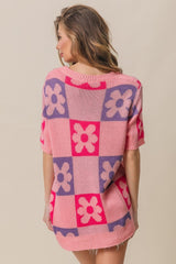 BiBi Flower Checker Pattern Short Sleeve Sweater - Admiresty