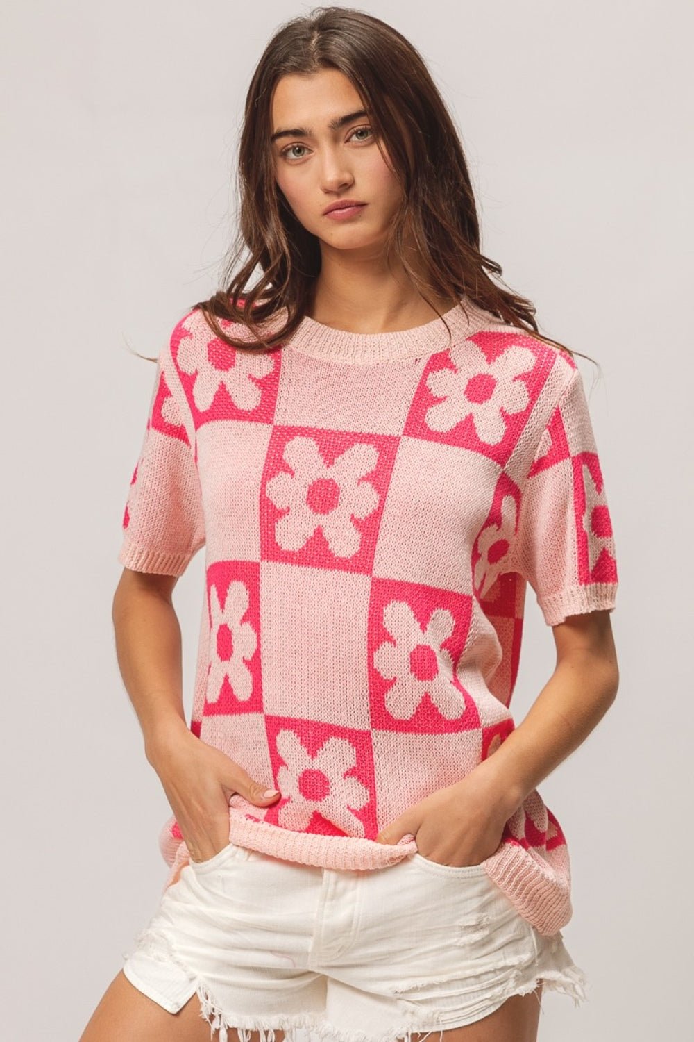 BiBi Flower Checker Pattern Short Sleeve Sweater - Admiresty