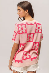 BiBi Flower Checker Pattern Short Sleeve Sweater - Admiresty