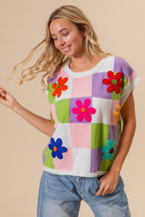 BiBi Flower Patch Checkered Sweater Vest - Admiresty