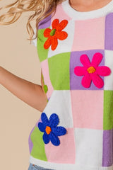 BiBi Flower Patch Checkered Sweater Vest - Admiresty