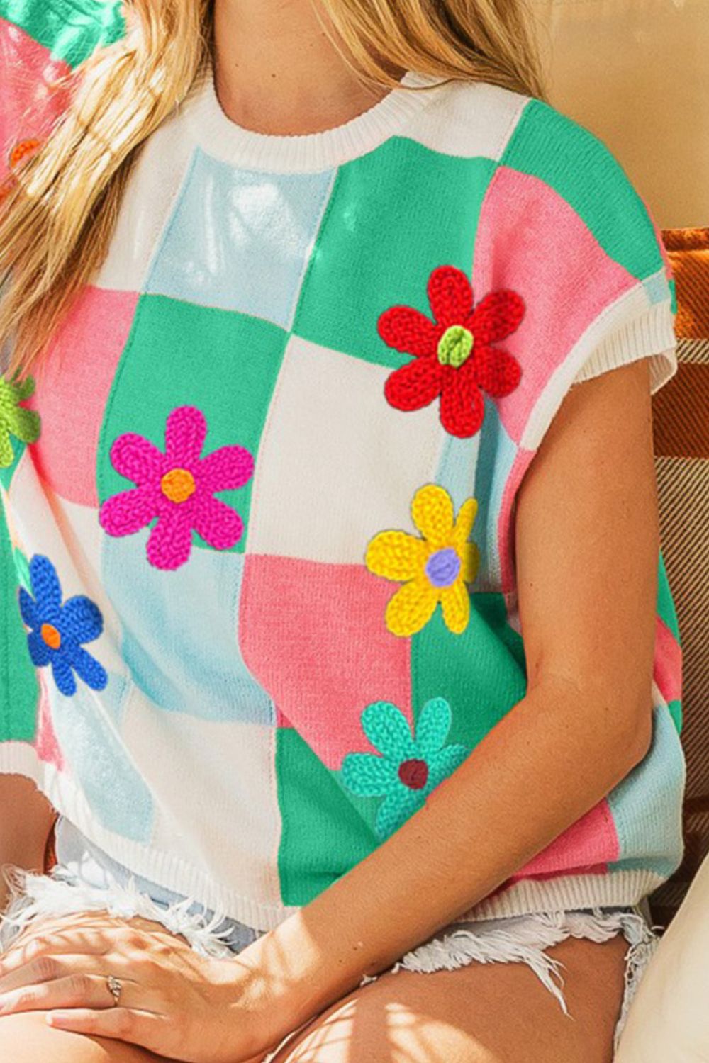 BiBi Flower Patch Checkered Sweater Vest - Admiresty