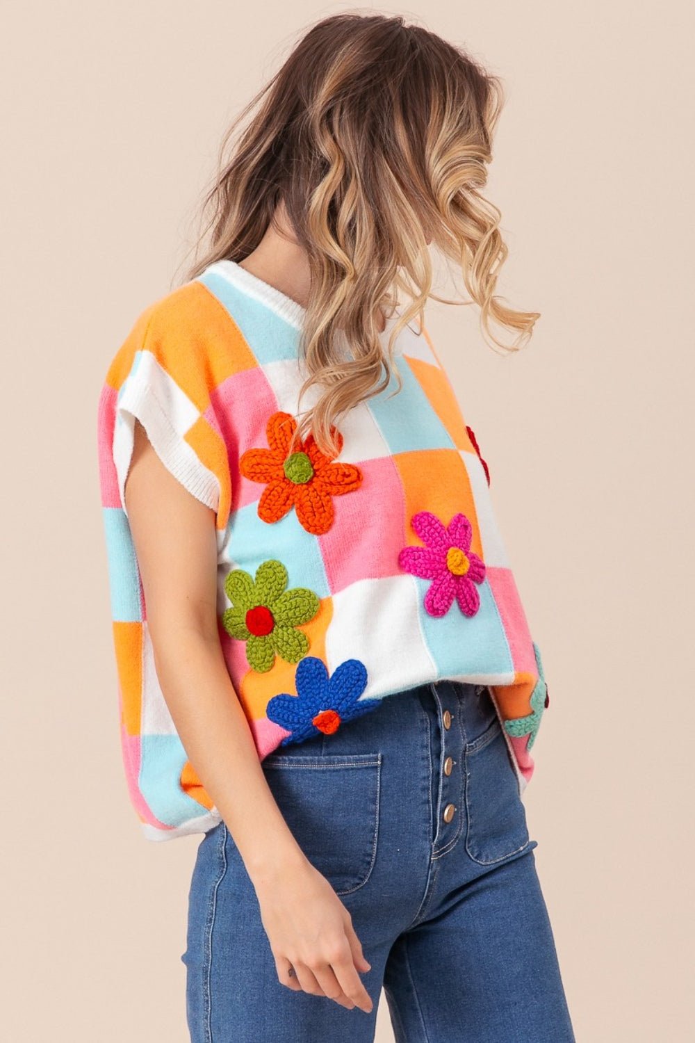 BiBi Flower Patch Checkered Sweater Vest - Admiresty