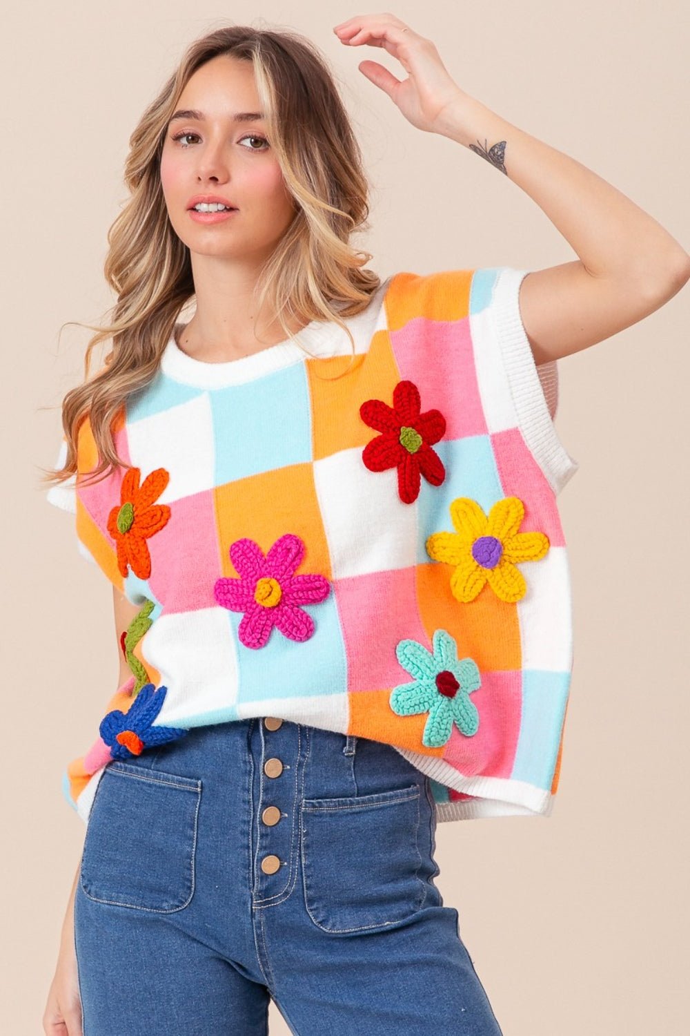 BiBi Flower Patch Checkered Sweater Vest - Admiresty