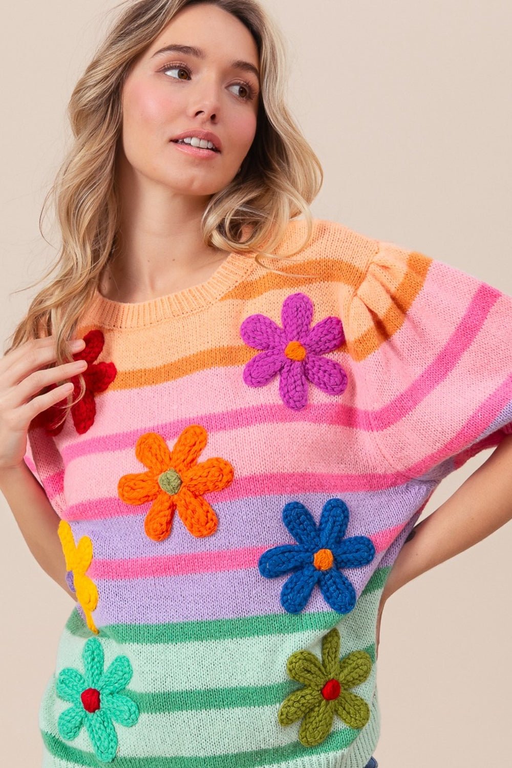 BiBi Flower Patch Puff Sleeve Striped Sweater - Admiresty