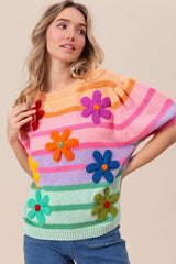 BiBi Flower Patch Puff Sleeve Striped Sweater - Admiresty