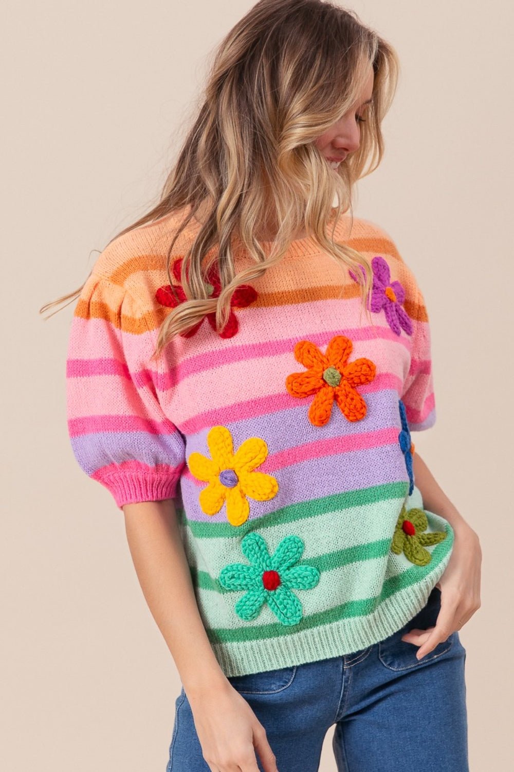 BiBi Flower Patch Puff Sleeve Striped Sweater - Admiresty