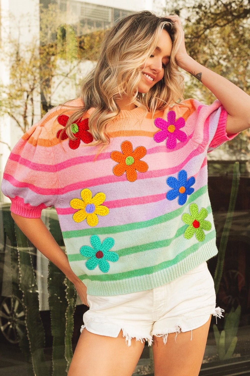 BiBi Flower Patch Puff Sleeve Striped Sweater - Admiresty