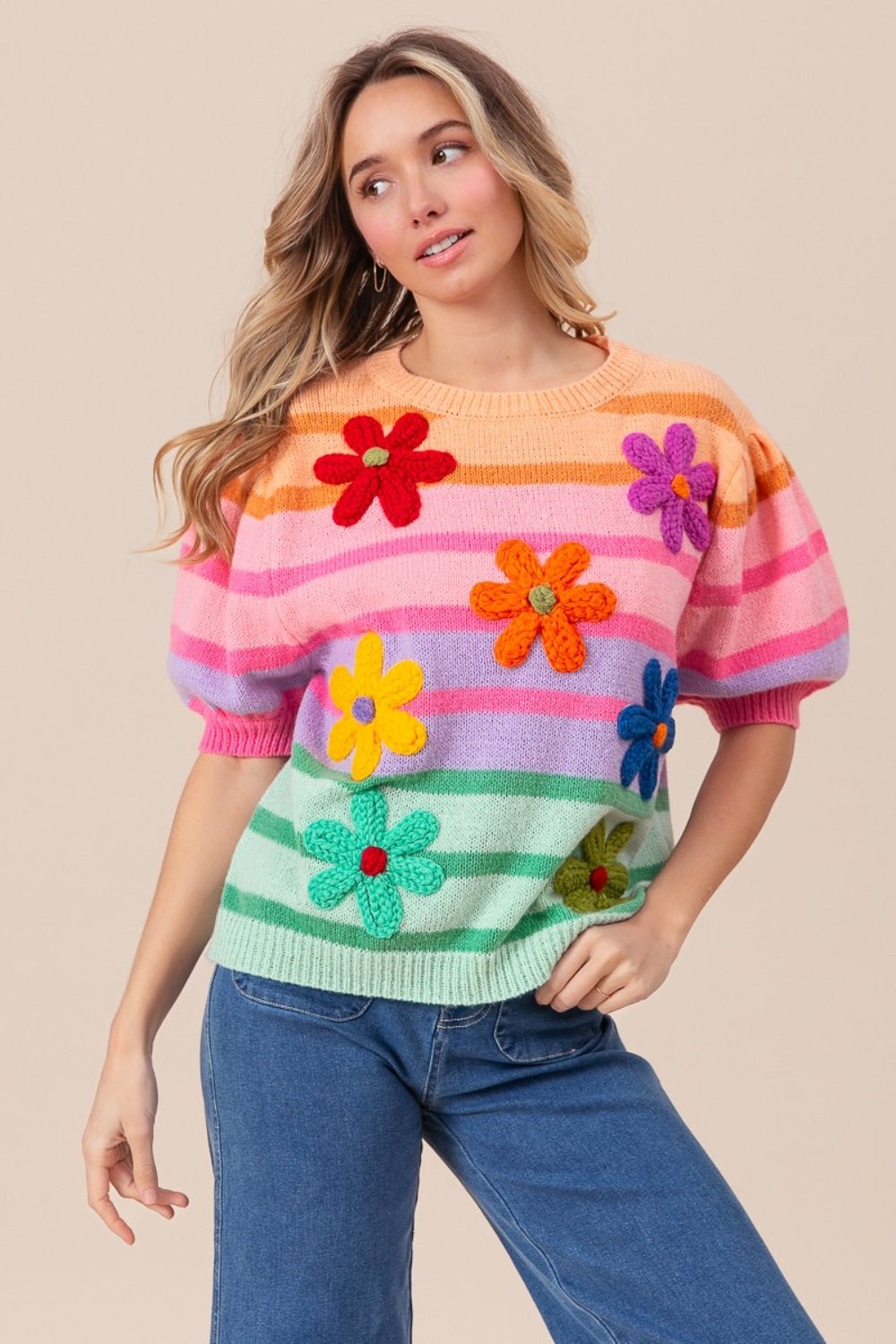 BiBi Flower Patch Puff Sleeve Striped Sweater - Admiresty