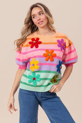 BiBi Flower Patch Puff Sleeve Striped Sweater - Admiresty