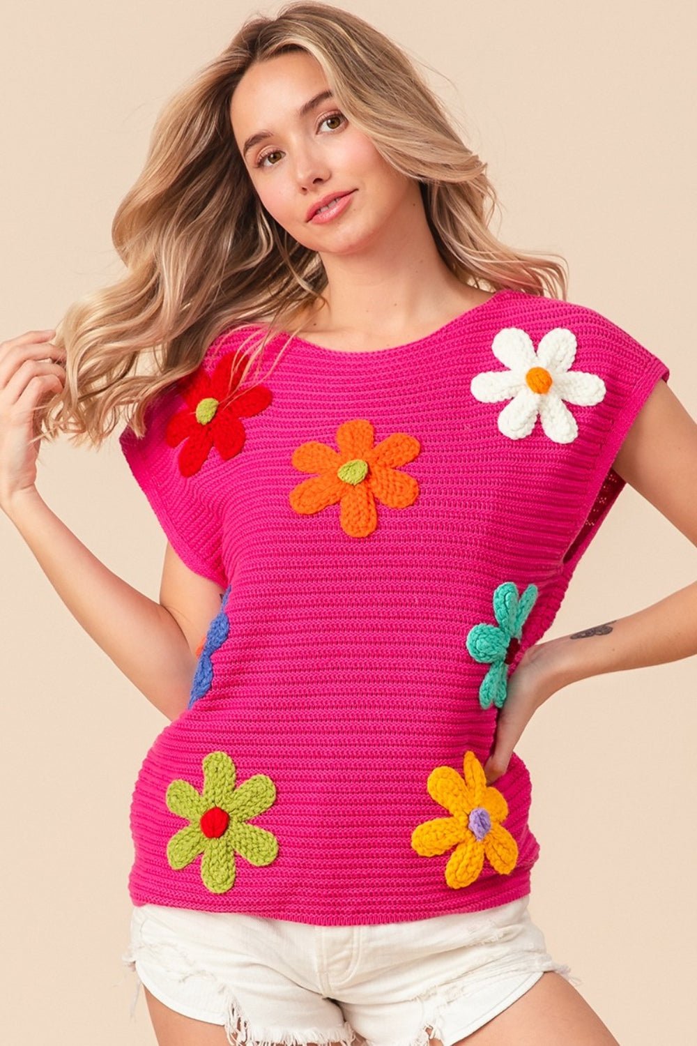 BiBi Flower Round Neck Cap Sleeve Knit Top - Admiresty