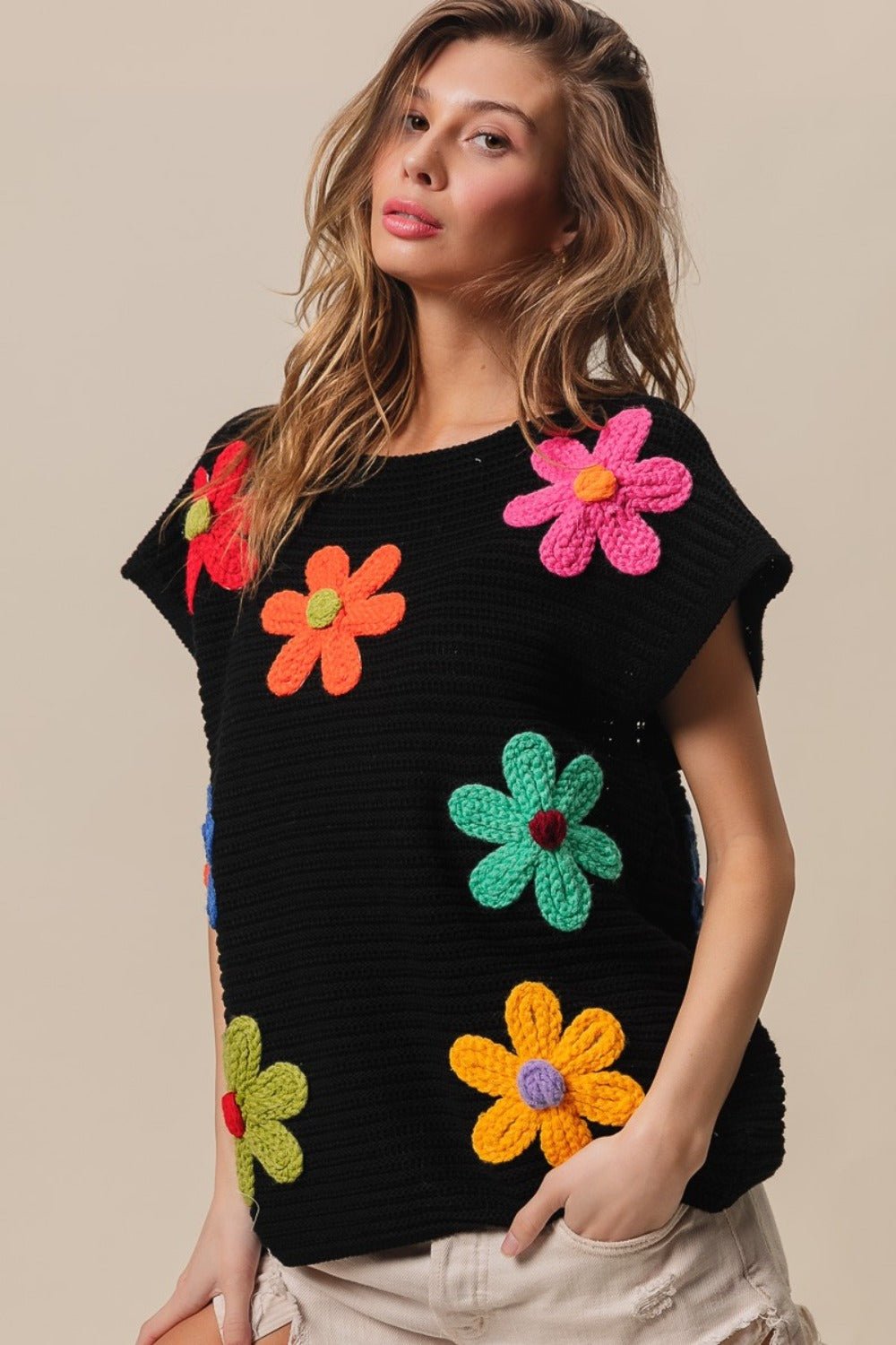 BiBi Flower Round Neck Cap Sleeve Knit Top - Admiresty