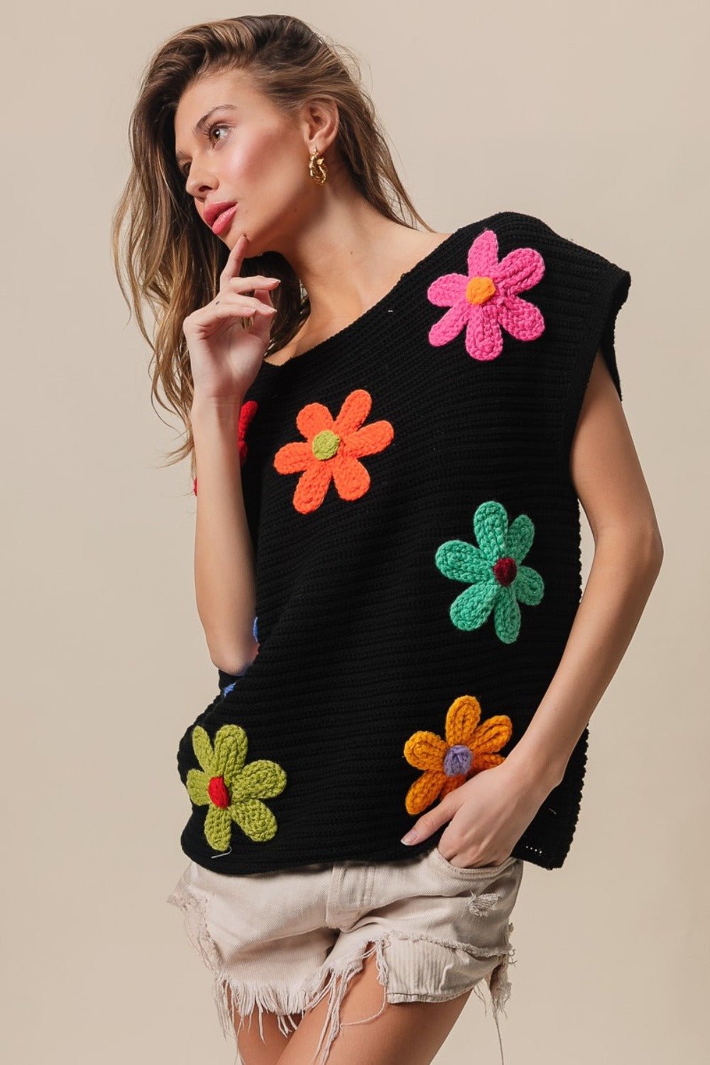 BiBi Flower Round Neck Cap Sleeve Knit Top - Admiresty