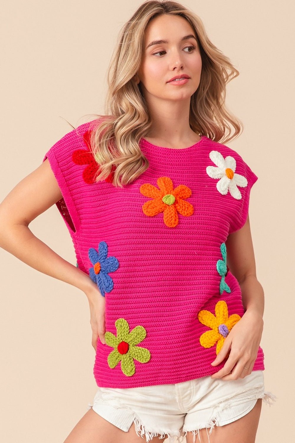 BiBi Flower Round Neck Cap Sleeve Knit Top - Admiresty