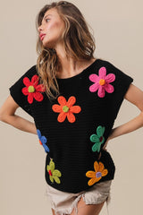 BiBi Flower Round Neck Cap Sleeve Knit Top - Admiresty