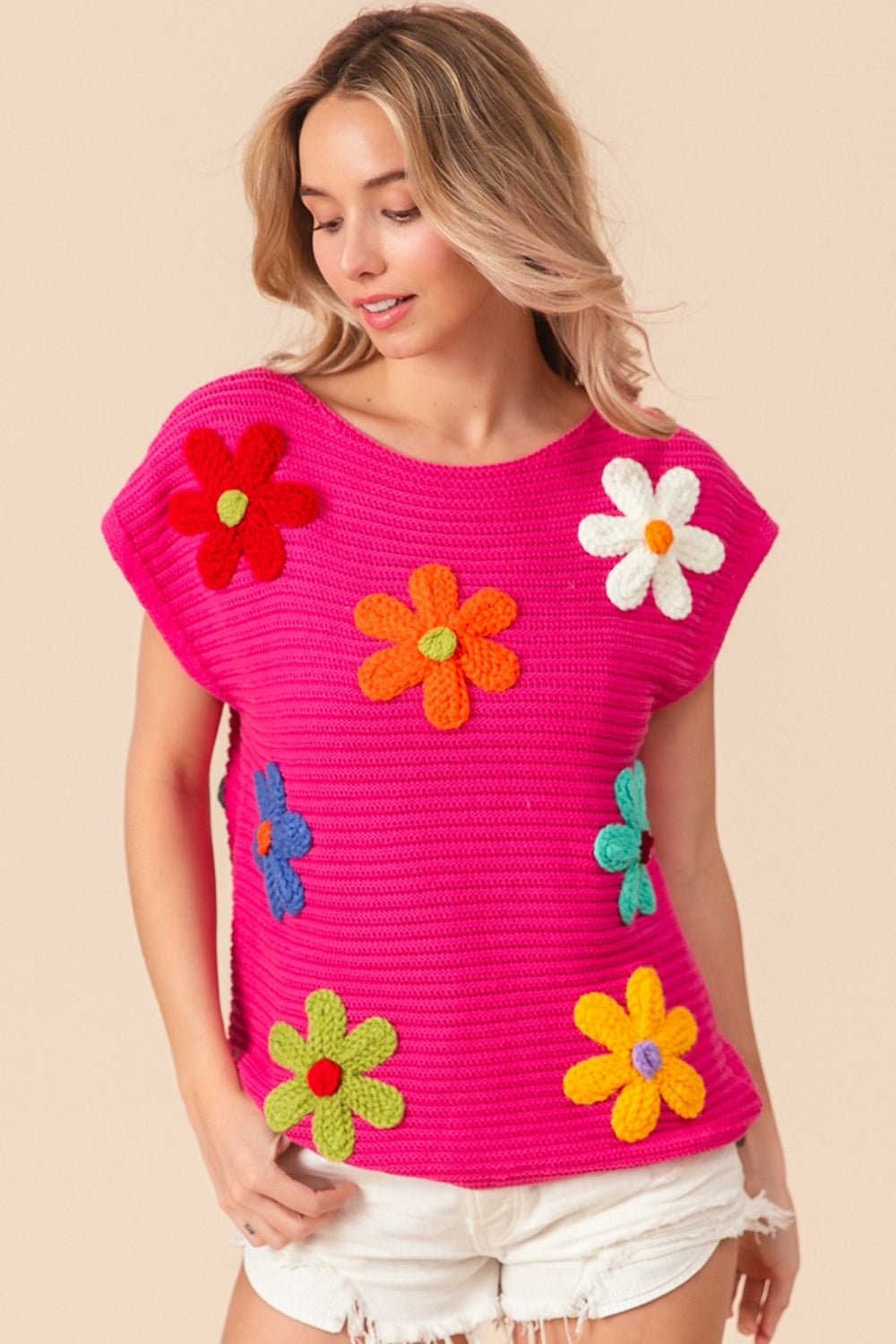 BiBi Flower Round Neck Cap Sleeve Knit Top - Admiresty