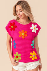 BiBi Flower Round Neck Cap Sleeve Knit Top - Admiresty