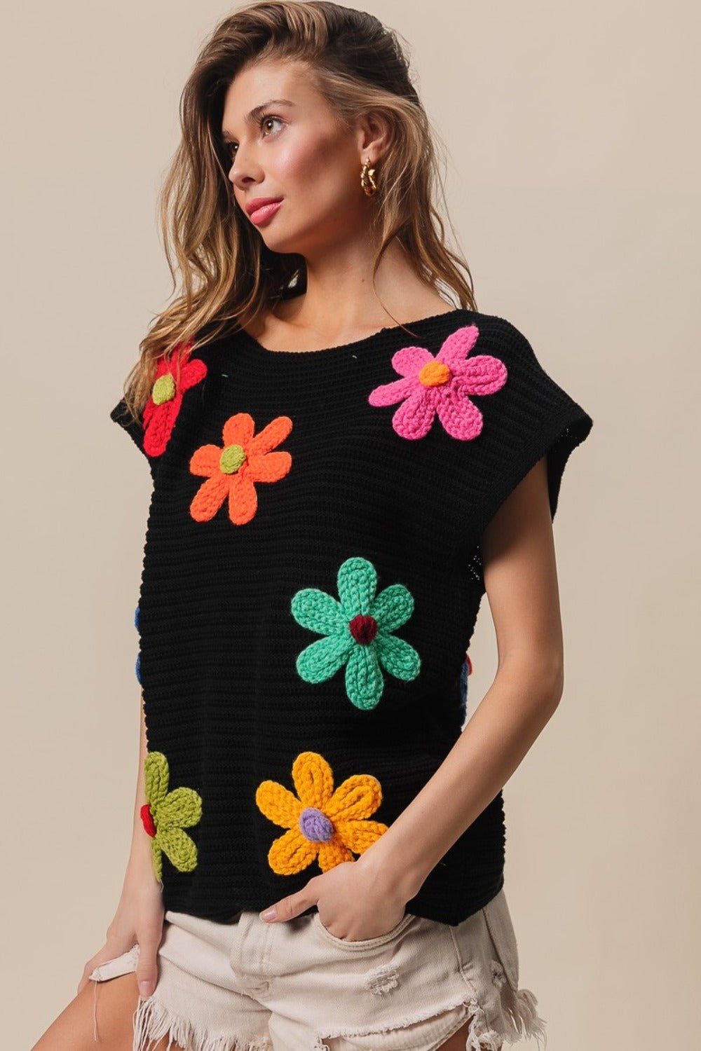 BiBi Flower Round Neck Cap Sleeve Knit Top - Admiresty