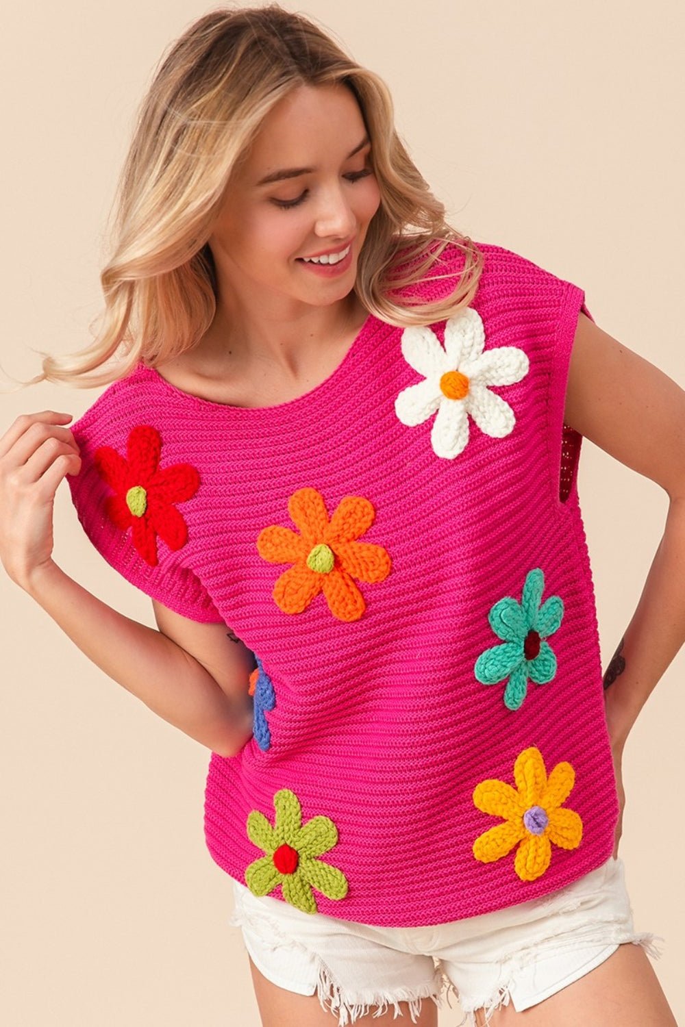 BiBi Flower Round Neck Cap Sleeve Knit Top - Admiresty