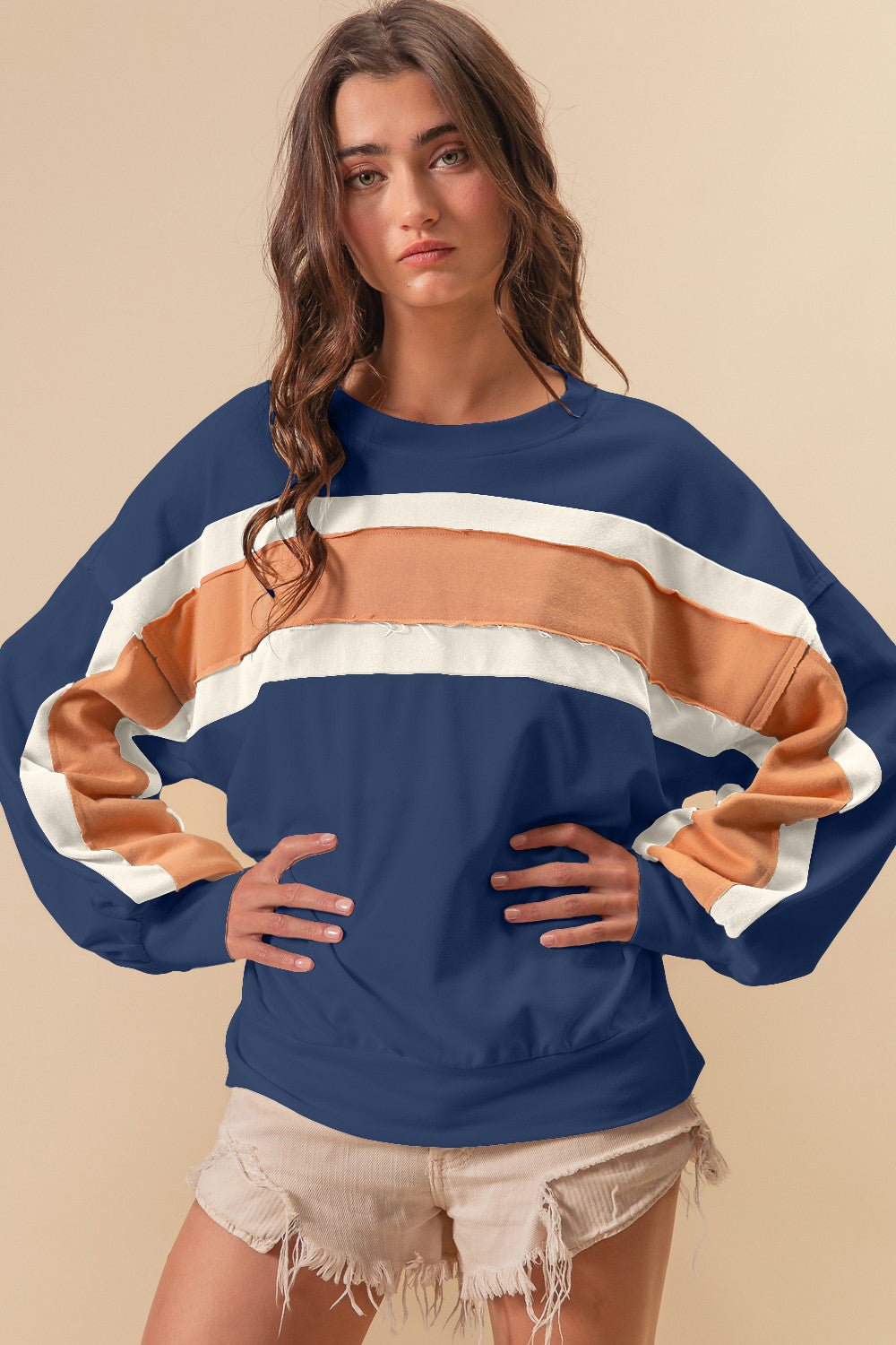 BiBi French Terry Color Block Cut Edge Detail Sweatshirt - Admiresty