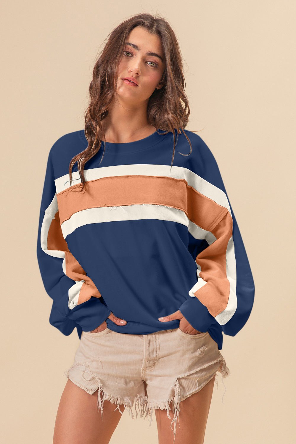 BiBi French Terry Color Block Cut Edge Detail Sweatshirt - Admiresty